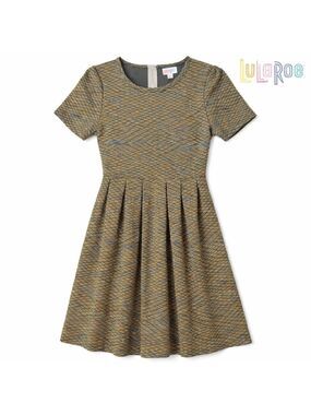 NWT Lularoe Amelia Fit Pleated Dress Blue & Tan Geometric Zip Back Size XS
